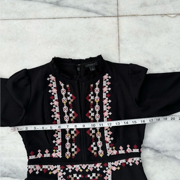 Ann Taylor Embroidered Dress Black Tie Sleeve Split Neck Size 0P - Picture 12 of 14